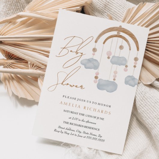 Invitation Douce Baby Shower Mobile Nuage Bleu Boho