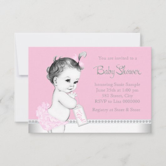 Invitation Douce Baby Shower Rose et Grise (Devant)