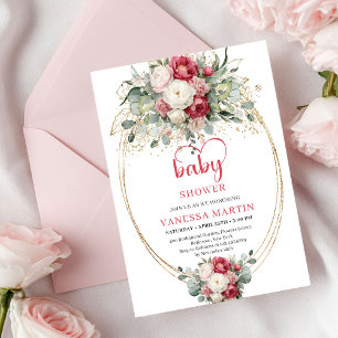 Invitation Douce Baby Shower Rubis Rouge Bohème Blanc Or 