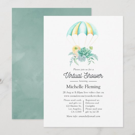 Invitation Douce Baby Shower Virtuelle de Succulentes Florale (Devant / Derrière)