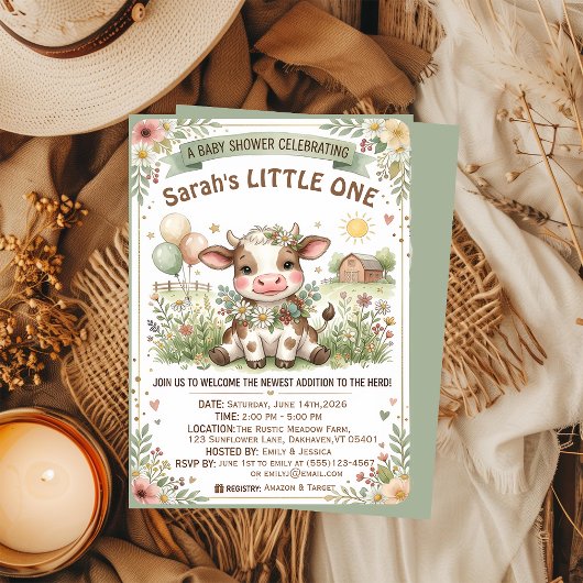 Invitation Douce Baby Vache Florale Ferme Maternité 