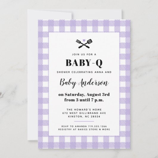Invitation Douce Barbecue Baby Shower à thème Gingham Lilas (Devant)