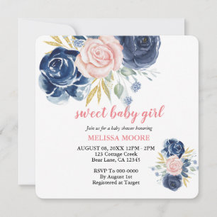 Invitation Douce bébé fille floral marine bleu rose aquarelle