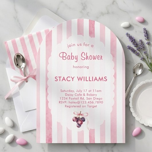 Invitation Douce Bébé Fille Rose Rayure Aquarelle Arche