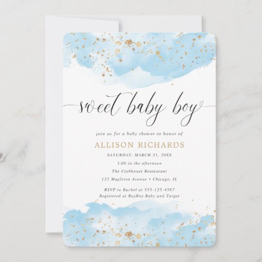 Invitation Douce bébé garçon aquarelle bleu or douche (Devant)