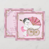 Invitation Douce Bébé Poussette Rose et Or Fête de Naissance (Devant / Derrière)