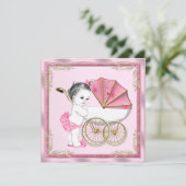 Invitation Douce Bébé Poussette Rose et Or Fête de Naissance (Debout devant)