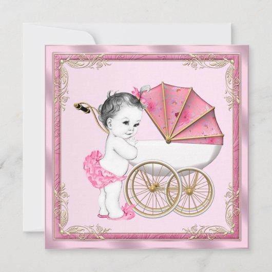 Invitation Douce Bébé Poussette Rose et Or Fête de Naissance (Devant)