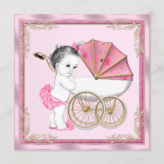 Invitation Douce Bébé Poussette Rose et Or Fête de Naissance
