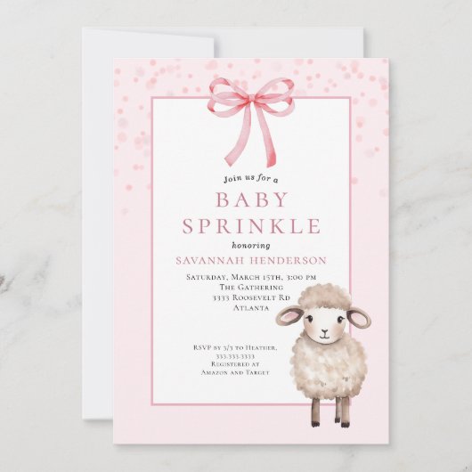 Invitation Douce Bébé Rose Sprinkle avec Ruban & Agneau Migno (Devant)