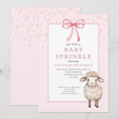 Invitation Douce Bébé Rose Sprinkle avec Ruban & Agneau Migno (Devant / Derrière)