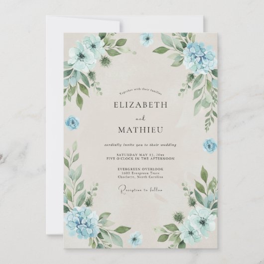 Invitation Douce Bleuet Azur Mariage Feuillu (Devant)