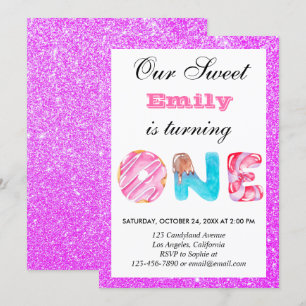 Invitation Douce Bonbon Rose Violet Paillettes Premier Annive