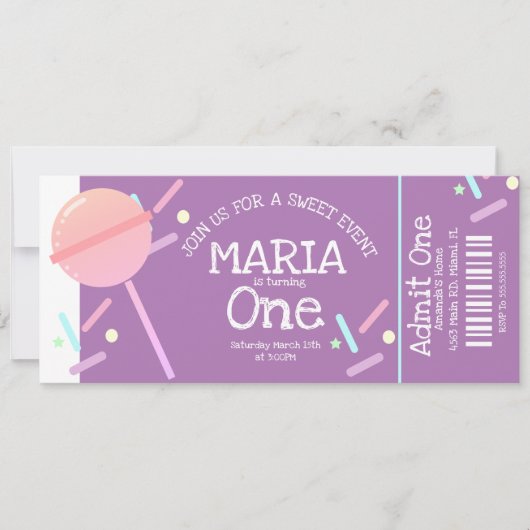 Invitation Douce Buffet de Bonbons Billet de Fête d'Annivers (Devant)