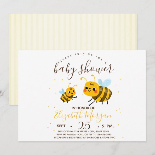 Invitation Douce Bumble Bee, Baby Shower à rayures (Devant / Derrière)