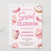 Invitation Douce Célébration Donuts Roses Fille 7ème Annivers (Devant)