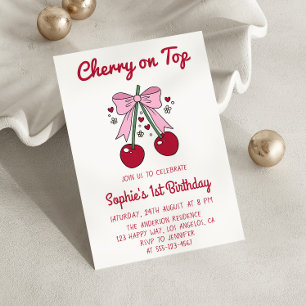 Invitation Douce Cerise avec un Ruban Rose pour le 1er Annive