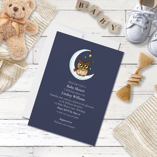 Invitation Douce Chouette Bébé Lune Étoiles Bleu Douche