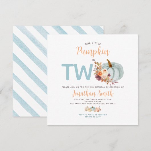 Invitation Douce Citrouille Bleue Est Deux Fleur Florale Rust (Devant / Derrière)