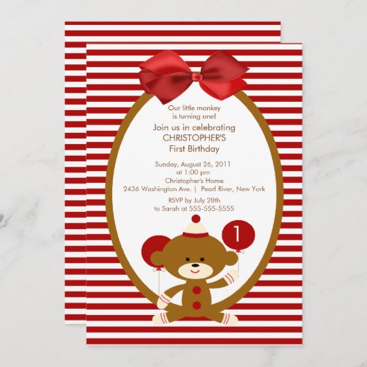 Invitation douce d'anniversaire de enfant de singe (Devant / Derrière)