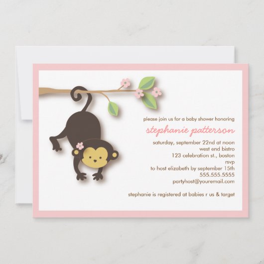 Invitation douce de baby shower de fille de singe (Devant)