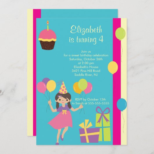 Invitation douce de fête d'anniversaire de fille (Devant / Derrière)