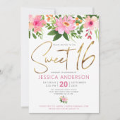 Invitation Douce Écriture Dorée Script Rose Floral Aquarelle (Devant)