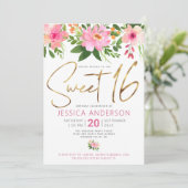 Invitation Douce Écriture Dorée Script Rose Floral Aquarelle (Debout devant)