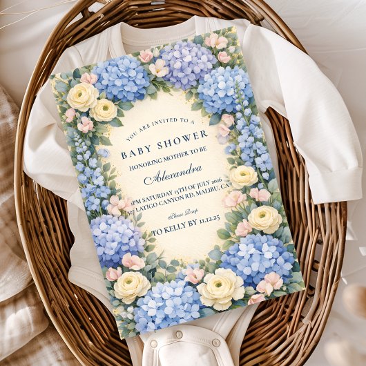 Invitation Douce Élégance de Baby Shower aux Hortensias Bleus
