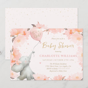 Invitation Douce éléphant aquarelle Fleurie Fille Baby Shower