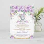 Invitation Douce éléphant floral violet Fête de bébé par la p (Debout devant)