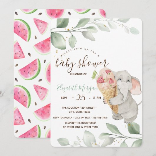 Invitation Douce Éléphant Glace Pastèque Baby Shower (Devant / Derrière)