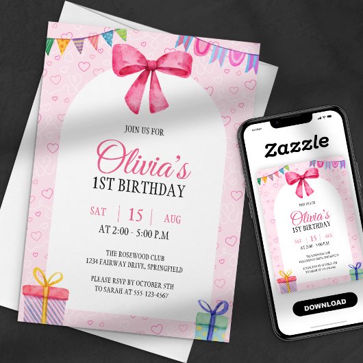 Invitation Douce et Simple Arche de Naissance Rose Aquarelle