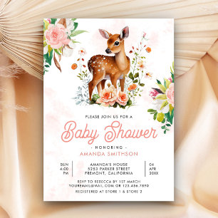 Invitation Douce Faon Aquarelle Floral Cerf Baby Shower