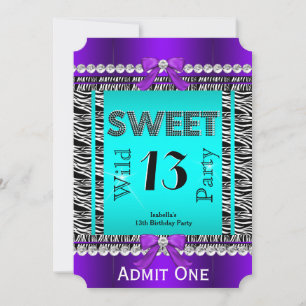 Invitation Douce Fête Amusante 13 Zèbre Bleu Sarcelle Violet