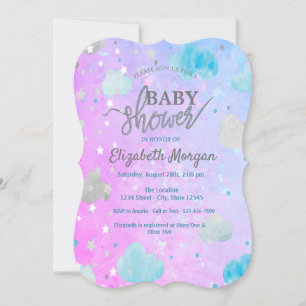 Invitation Douce Fête Bébé Étoiles & Nuages Holographique