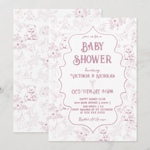 Invitation Douce Fête Bébé Fille Ours Rose Poussiéreux Toile
