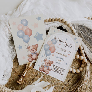 Invitation Douce Fête Bohème Ours en Peluche Bleu Rose Ballon