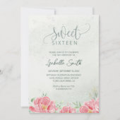 Invitation Douce Fête d'anniversaire 16 ans Fleurs Pailletées (Devant)