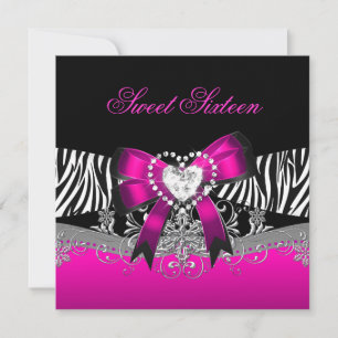 Invitation Douce fête d'anniversaire 16 ans Zèbre Rose Noir
