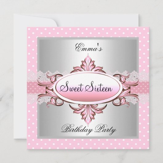Invitation Douce Fête de 16 ans Argent Rose Blanc Tache (Devant)