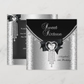 Invitation Douce Fête de 16 ans Noir Argent Diamant 2 (Devant / Derrière)