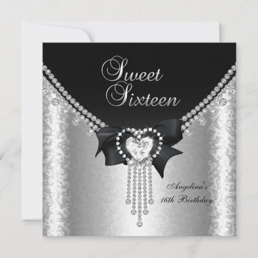 Invitation Douce Fête de 16 ans Noir Argent Diamant 2 (Devant)