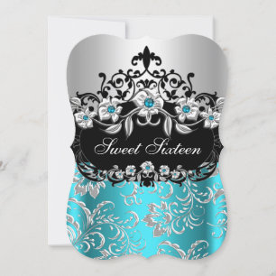 Invitation Douce Fête de 16 ans Turquoise Argent Noir Floral