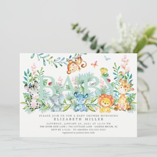Invitation Douce Fête de Bébé Animaux de la Jungle Neutre (Debout devant)