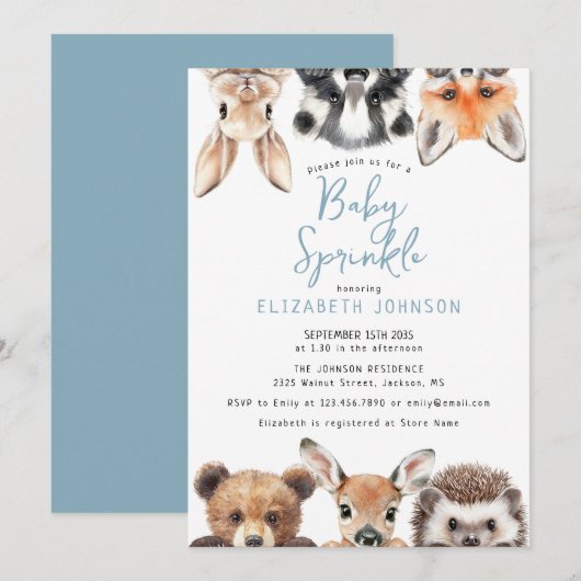 Invitation Douce Fête de Bébé avec Animaux de la Forêt Bleue (Devant / Derrière)