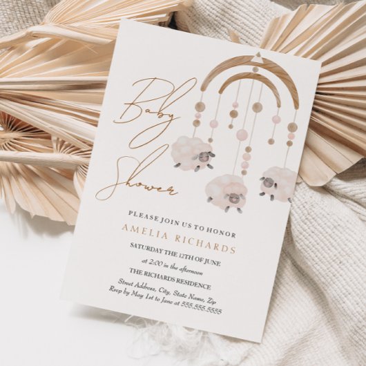 Invitation Douce Fête de Bébé Bohème Rose Mobile