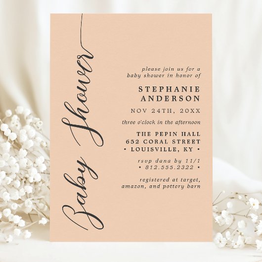 Invitation Douce Fête de Bébé Écriture Moderne Simple Peach