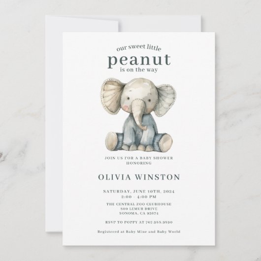 Invitation Douce Fête de Bébé Éléphant Petite Cacahuète (Devant)