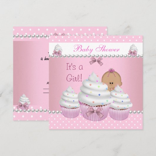 Invitation Douce Fête de Bébé Fille Mignonne Gâteau Rose Pail (Devant / Derrière)